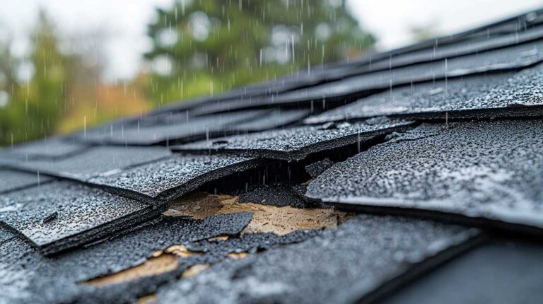 A homeowner reviews a newly replaced roof while standing in a residential yard with roof documents.